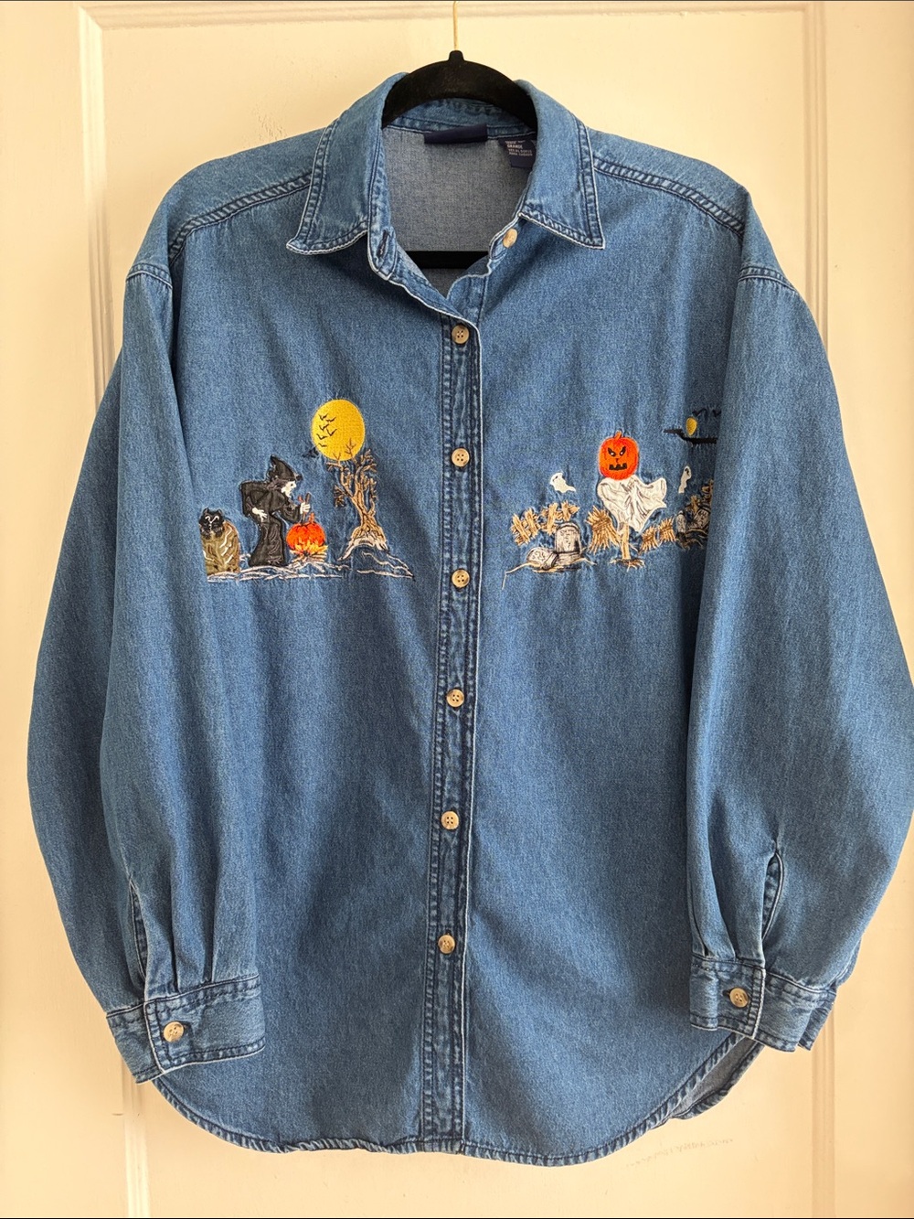 Vintage Ghosts & Ghouls Halloween Embroidered 100% Cotton Denim Jean Shirt Top